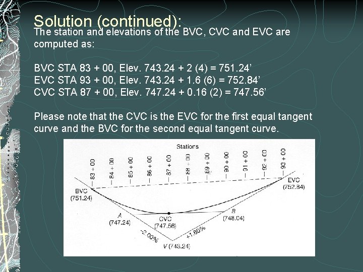 Solution (continued): The station and elevations of the BVC, CVC and EVC are computed