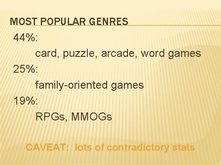 MOST POPULAR GENRES 44%: card, puzzle, arcade, word games 25%: family-oriented games 19%: RPGs,