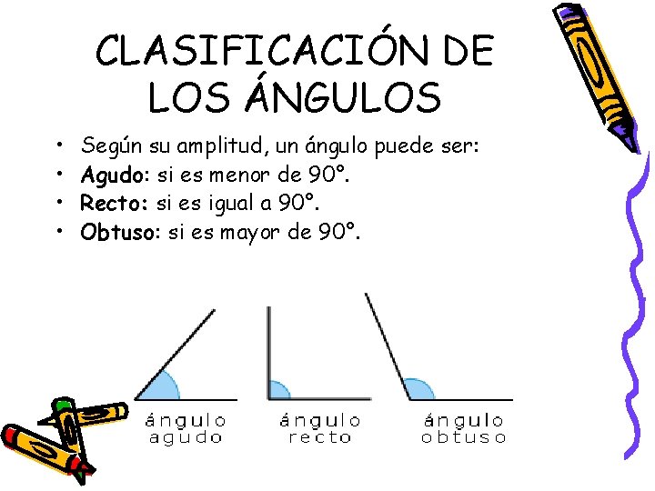 CLASIFICACIÓN DE LOS ÁNGULOS • • Según su amplitud, un ángulo puede ser: Agudo: