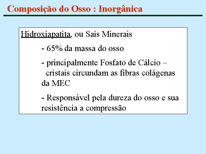 Composição do Osso : Inorgânica Hidroxiapatita, ou Sais Minerais - 65% da massa do