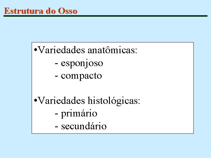 Estrutura do Osso • Variedades anatômicas: - esponjoso - compacto • Variedades histológicas: -