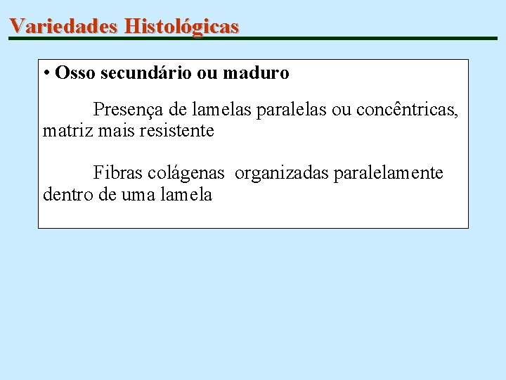 Variedades Histológicas • Osso secundário ou maduro Presença de lamelas paralelas ou concêntricas, matriz