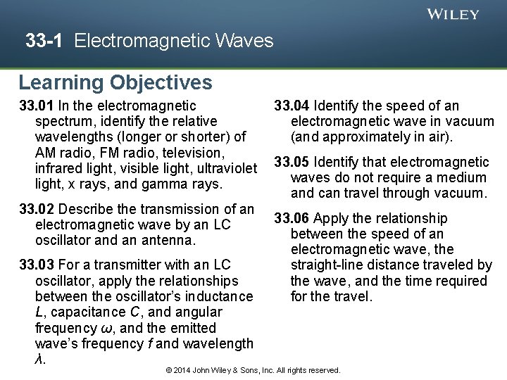 33 -1 Electromagnetic Waves Learning Objectives 33. 01 In the electromagnetic spectrum, identify the