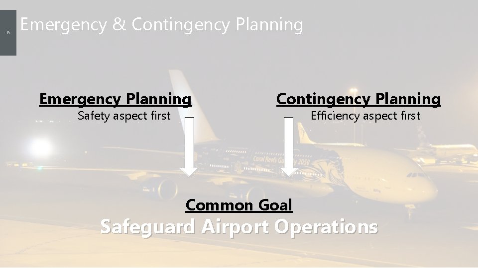 19 Emergency & Contingency Planning Emergency Planning Safety aspect first Contingency Planning Common Goal