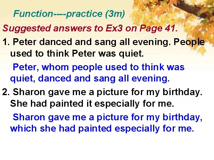 Function----practice (3 m) Suggested answers to Ex 3 on Page 41. 1. Peter danced