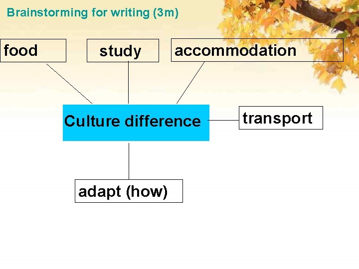 Brainstorming for writing (3 m) food study accommodation Culture difference adapt (how) transport 