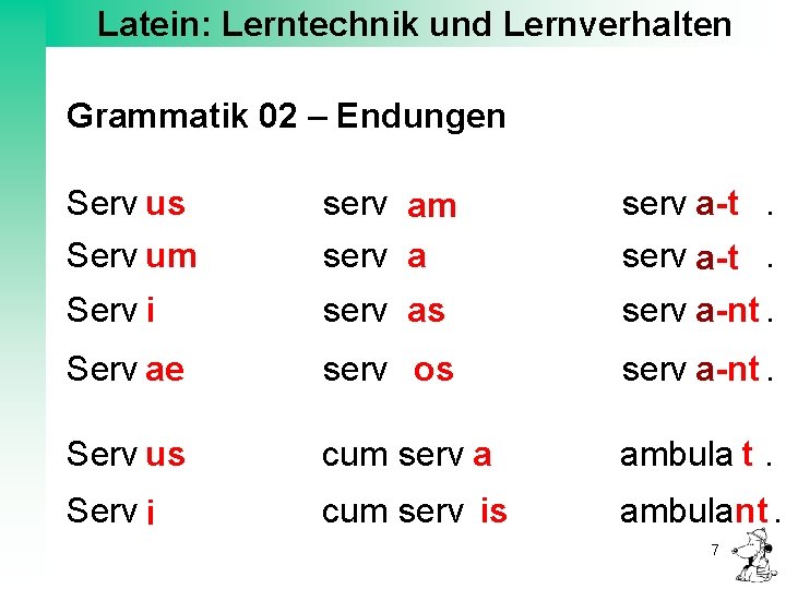 Latein: Lerntechnik und Lernverhalten Grammatik 02 – Endungen Serv us Serv um serv a-t.