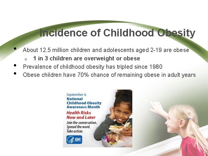 Incidence of Childhood Obesity • • • About 12. 5 million children and adolescents