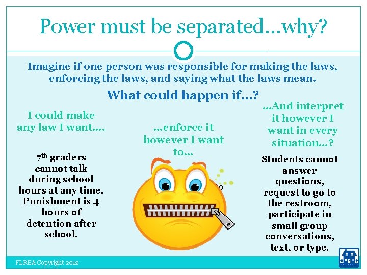 Power must be separated…why? Imagine if one person was responsible for making the laws,