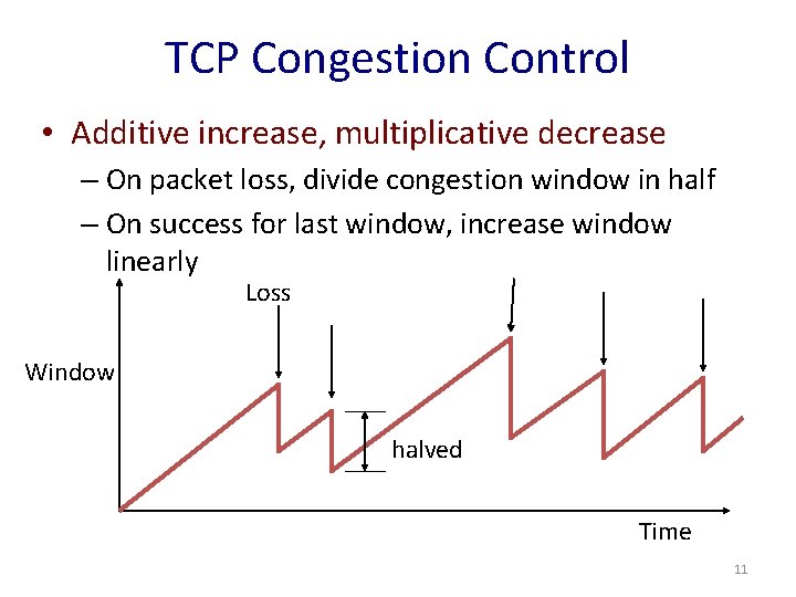 TCP Congestion Control • Additive increase, multiplicative decrease – On packet loss, divide congestion