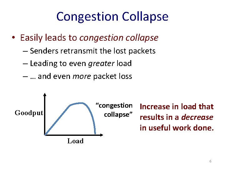 Congestion Collapse • Easily leads to congestion collapse – Senders retransmit the lost packets
