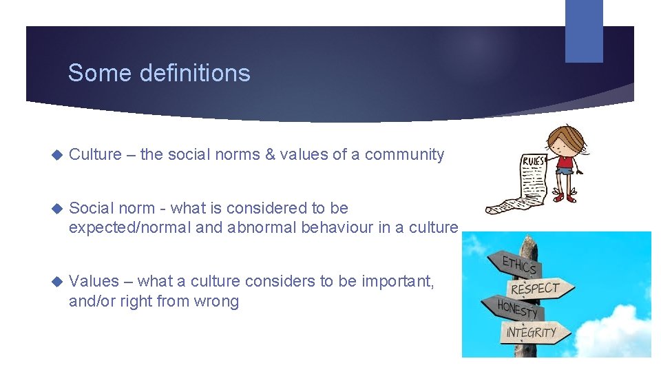 Some definitions Culture – the social norms & values of a community Social norm