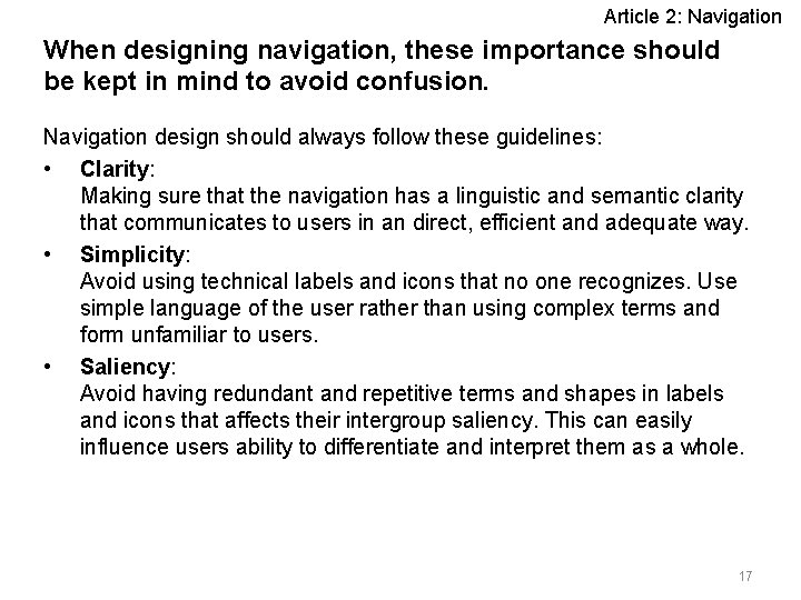 Article 2: Navigation When designing navigation, these importance should be kept in mind to