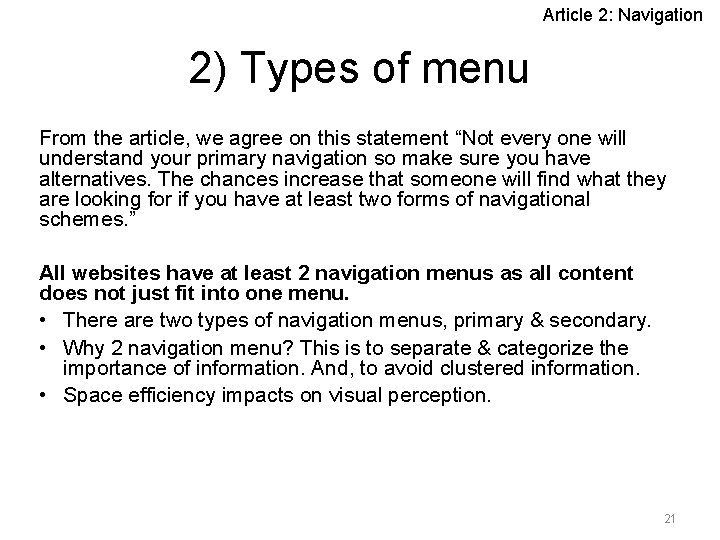 Article 2: Navigation 2) Types of menu From the article, we agree on this