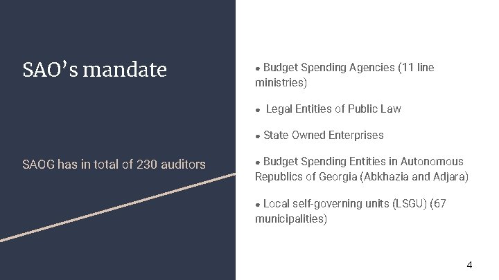 SAO’s mandate Budget Spending Agencies (11 line ministries) ● ● ● SAOG has in