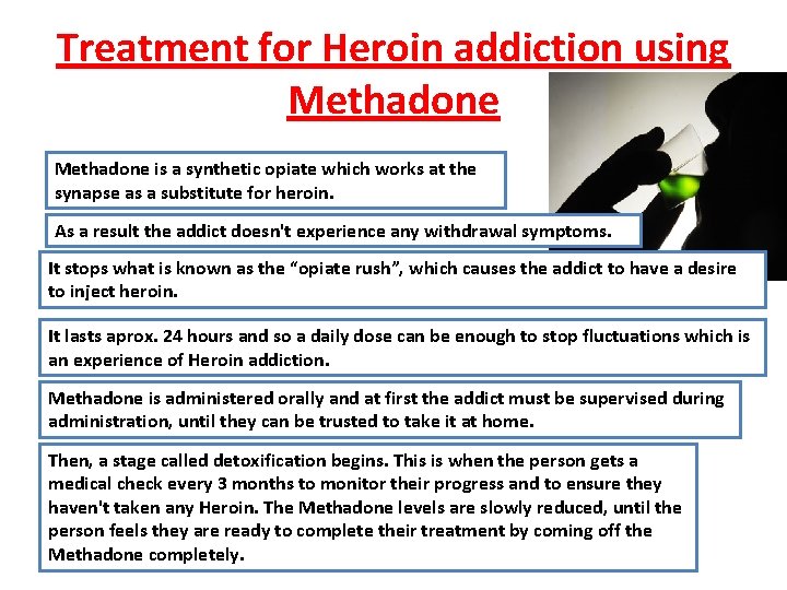 Treatment for Heroin addiction using Methadone is a synthetic opiate which works at the