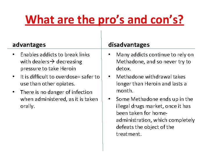 What are the pro’s and con’s? advantages disadvantages • Enables addicts to break links