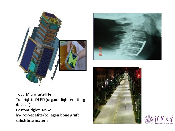 Top: Micro satellite Top right: OLED (organic light emitting devices) Bottom right: Nanohydroxyapatite/collagen bone