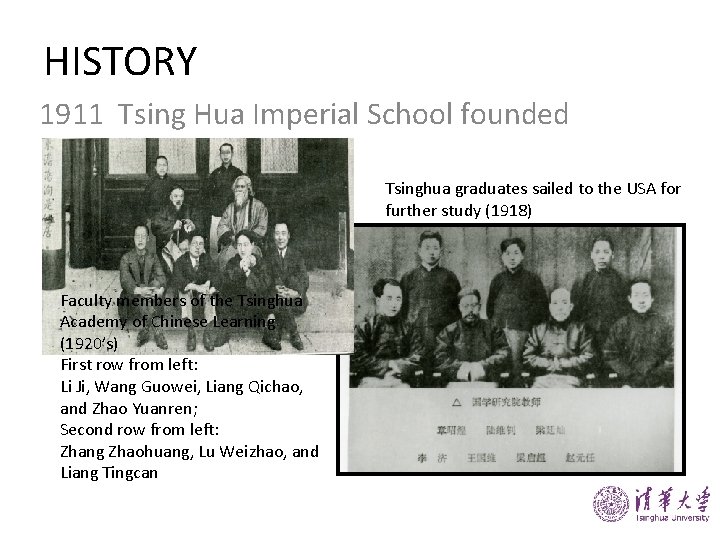 HISTORY 1911 Tsing Hua Imperial School founded Tsinghua graduates sailed to the USA for