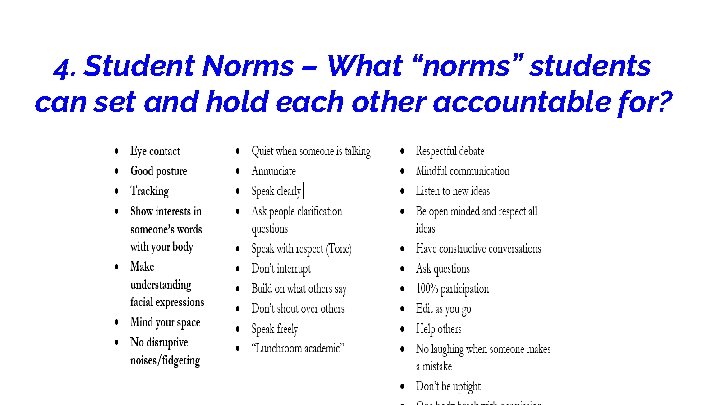 4. Student Norms – What “norms” students can set and hold each other accountable
