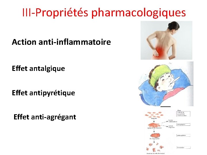 III-Propriétés pharmacologiques Action anti-inflammatoire Effet antalgique Effet antipyrétique Effet anti-agrégant 