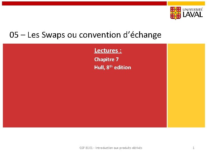 05 – Les Swaps ou convention d’échange Lectures : Chapitre 7 Hull, 8 th