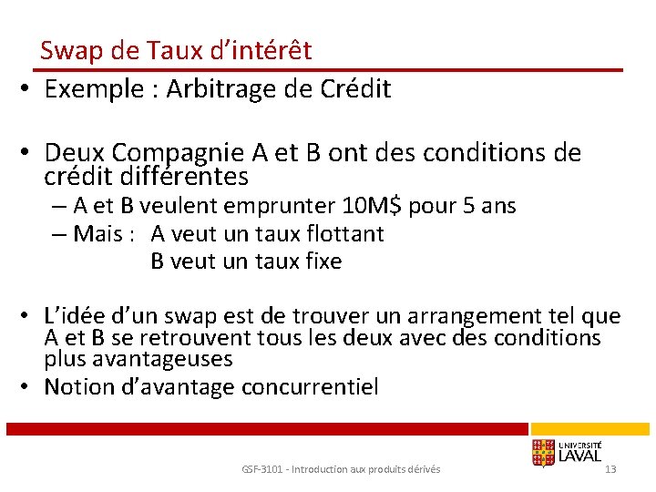 Swap de Taux d’intérêt • Exemple : Arbitrage de Crédit • Deux Compagnie A