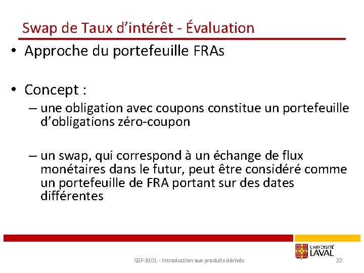 Swap de Taux d’intérêt - Évaluation • Approche du portefeuille FRAs • Concept :