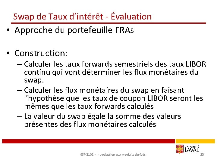 Swap de Taux d’intérêt - Évaluation • Approche du portefeuille FRAs • Construction: –