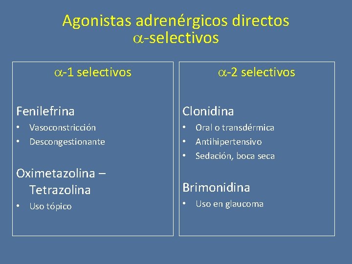 Agonistas adrenérgicos directos -selectivos -1 selectivos -2 selectivos Fenilefrina Clonidina • Vasoconstricción • Descongestionante