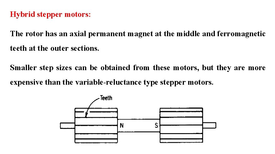 Hybrid stepper motors: The rotor has an axial permanent magnet at the middle and