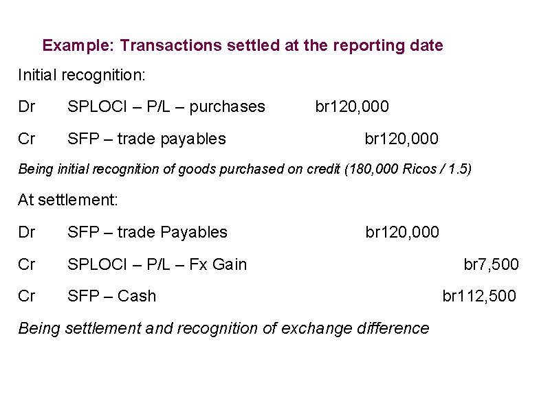 Example: Transactions settled at the reporting date Initial recognition: Dr SPLOCI – P/L –