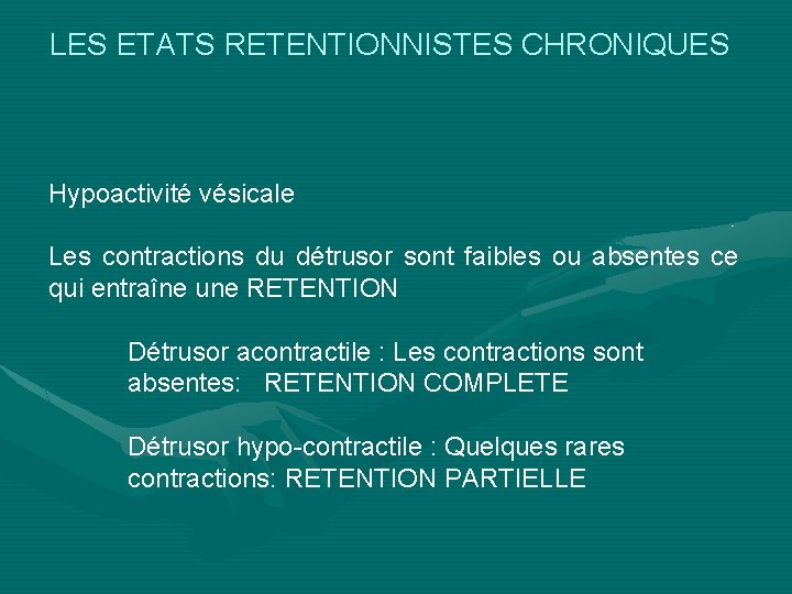 LES ETATS RETENTIONNISTES CHRONIQUES Hypoactivité vésicale Les contractions du détrusor sont faibles ou absentes