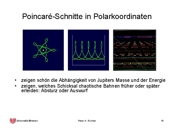 Poincaré-Schnitte in Polarkoordinaten • zeigen schön die Abhängigkeit von Jupiters Masse und der Energie