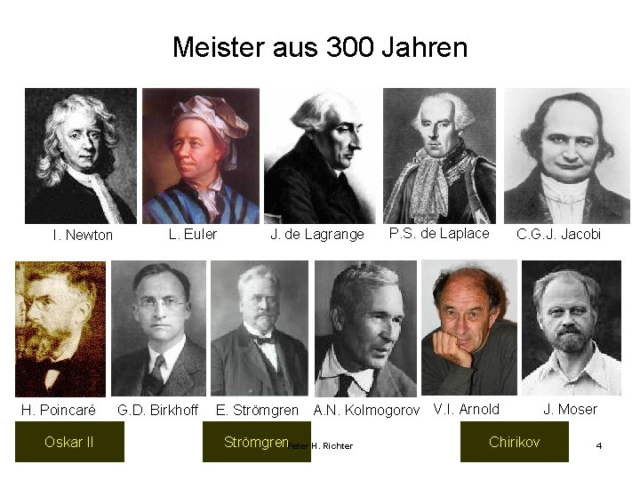 Meister aus 300 Jahren I. Newton H. Poincaré Oskar II L. Euler G. D.