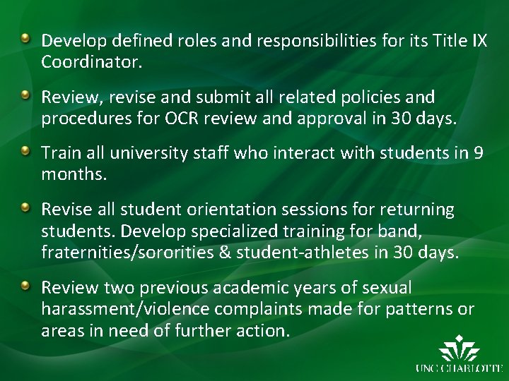 Develop defined roles and responsibilities for its Title IX Coordinator. Review, revise and submit
