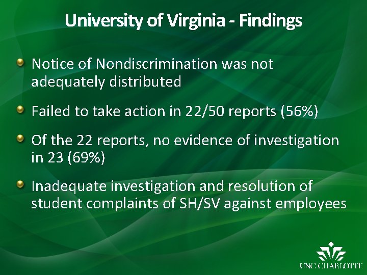 University of Virginia - Findings Notice of Nondiscrimination was not adequately distributed Failed to