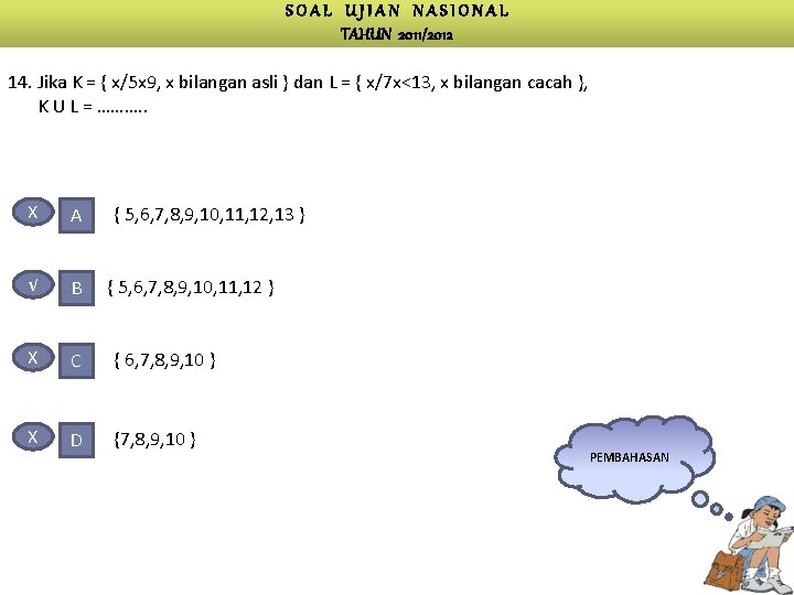 SOAL UJIAN NASIONAL TAHUN 2011/2012 14. Jika K = { x/5 x 9, x
