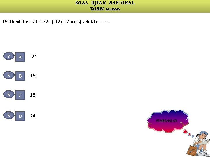 SOAL UJIAN NASIONAL TAHUN 2011/2012 18. Hasil dari -24 + 72 : (-12) –