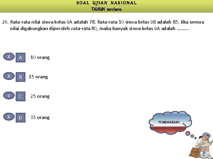 SOAL UJIAN NASIONAL TAHUN 2011/2012 26. Rata-rata nilai siswa kelas 9 A adalah 78.