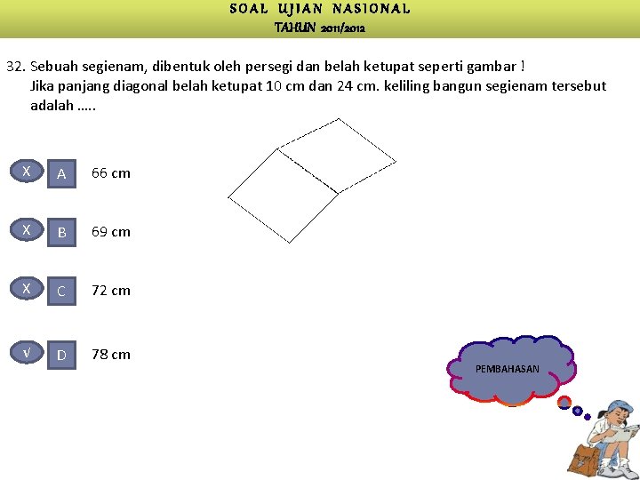 SOAL UJIAN NASIONAL TAHUN 2011/2012 32. Sebuah segienam, dibentuk oleh persegi dan belah ketupat