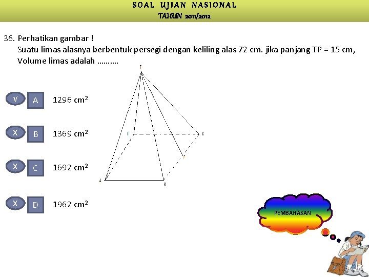 SOAL UJIAN NASIONAL TAHUN 2011/2012 36. Perhatikan gambar ! Suatu limas alasnya berbentuk persegi