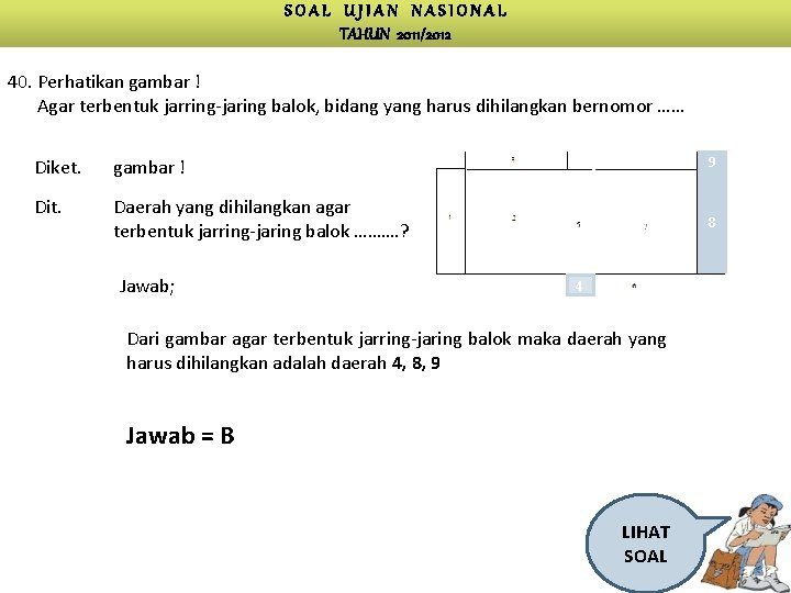 SOAL UJIAN NASIONAL TAHUN 2011/2012 40. Perhatikan gambar ! Agar terbentuk jarring-jaring balok, bidang