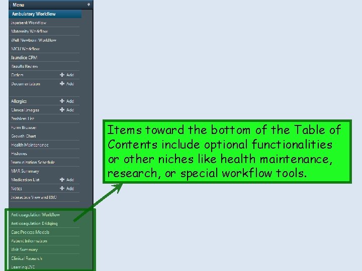 Items toward the bottom of the Table of Contents include optional functionalities or other