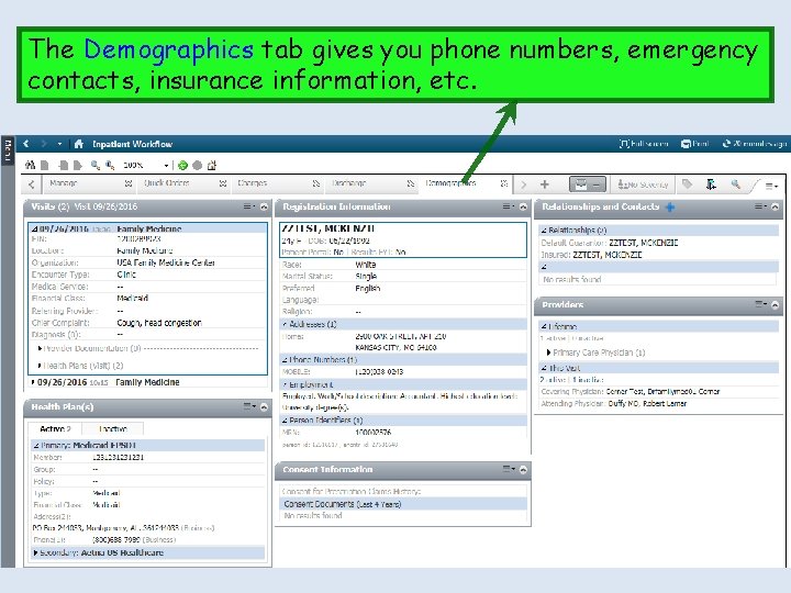 The Demographics tab gives you phone numbers, emergency contacts, insurance information, etc. 