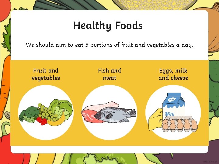 Healthy Foods We should aim to eat 5 portions of fruit and vegetables a