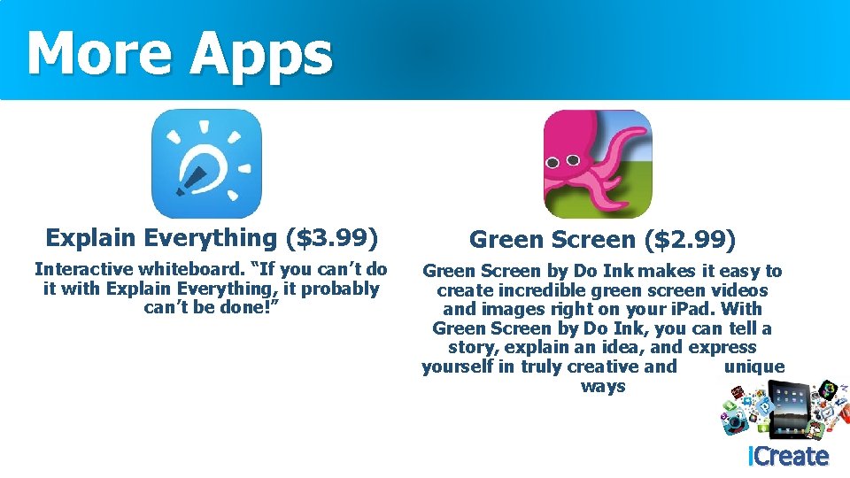 More Apps Explain Everything ($3. 99) Green Screen ($2. 99) Interactive whiteboard. “If you