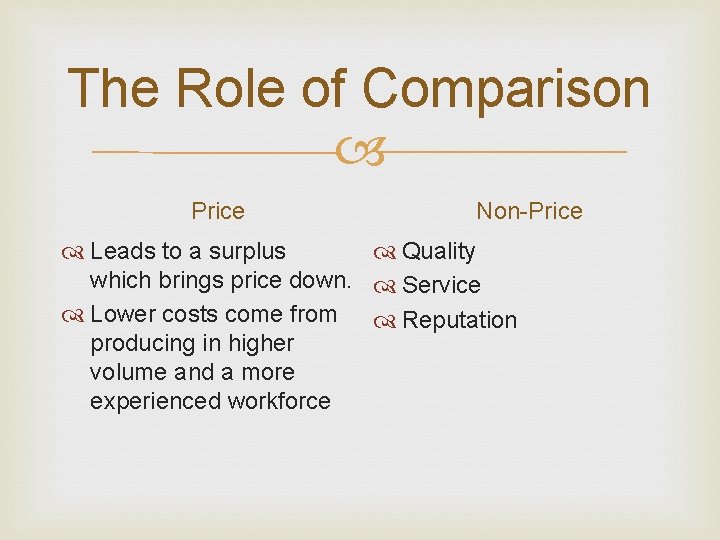 The Role of Comparison Price Non-Price Quality Leads to a surplus which brings price