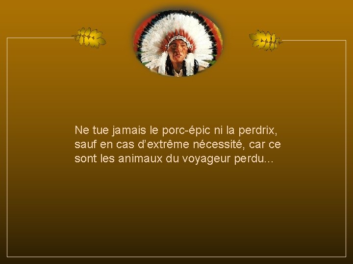 Ne tue jamais le porc-épic ni la perdrix, sauf en cas d’extrême nécessité, car