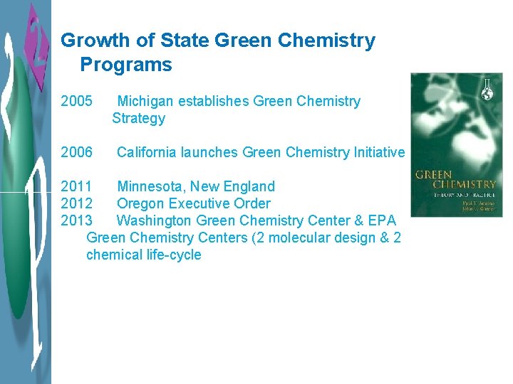 Growth of State Green Chemistry Programs 2005 2006 Michigan establishes Green Chemistry Strategy California